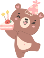 fofa aniversário Urso com bolo berçário criança desenho animado rabisco ilustração. png