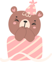 Cute birthday bear, kawaii teddy with pink gift box animal cartoon hand drawn flat design illustration png