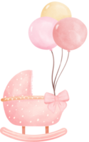 Cute baby shower girl pink pram with balloon png