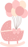 Baby shower girl, cute pink pram with balloons png