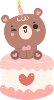 carino compleanno orso con torta asilo ragazzo cartone animato scarabocchio illustrazione. png