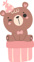 Cute birthday bear, kawaii teddy with pink gift box animal cartoon hand drawn flat design illustration png