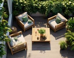 A green residential garden terrace scene with outdoor furniture photo