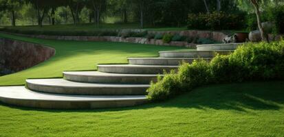 A green lawn with stairs in the middle photo