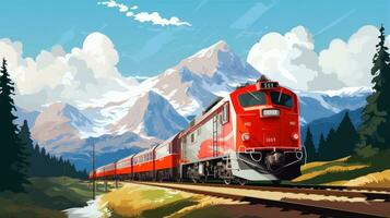 Freight red train on mountain background photo