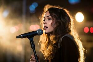 Girl singing at an outdoor concert photo