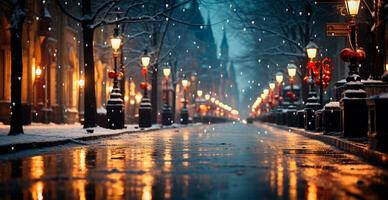 Night snowy Christmas American city Boston, New Year holiday, blurred background - AI generated image photo