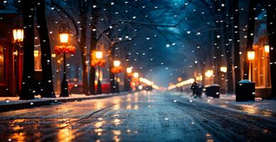 Night snowy Christmas American city Boston, New Year holiday, blurred background - AI generated image photo