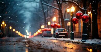 Night snowy Christmas American city Boston, New Year holiday, blurred background - AI generated image photo