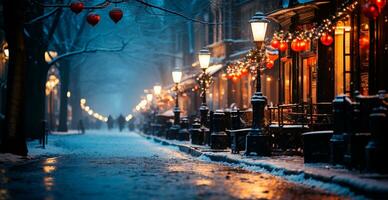 Night snowy Christmas American city Boston, New Year holiday, blurred background - AI generated image photo