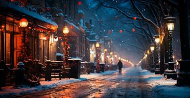 Night snowy Christmas American city Boston, New Year holiday, blurred background - AI generated image photo