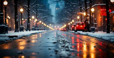 Night snowy Christmas American city Boston, New Year holiday, blurred background - AI generated image photo