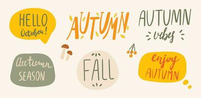 Vector illustration of a cloud with text messages. Doodle decoration for the background. Stickers with inscriptions about autumn.