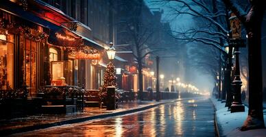 Night snowy Christmas American city Boston, New Year holiday, blurred background - AI generated image photo