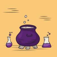 Vector doodle illustration. Cauldron with a boiling potion, flasks with solution. Magic liquid inside. Halloween decorations.