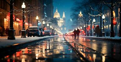 noche Nevado Navidad americano ciudad detroit, nuevo año día festivo, borroso antecedentes - ai generado imagen foto