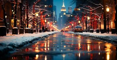 Night snowy Christmas American city Detroit, New Year holiday, blurred background - AI generated image photo