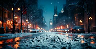 Night snowy Christmas American city Detroit, New Year holiday, blurred background - AI generated image photo