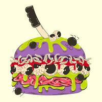 Burger with brain, blood, maggots and eyes for Halloween. Vector illustration in retro cartoon style.