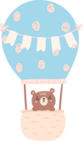 Baby shower bear boy in blue hot air balloon png