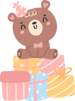 Cute birthday bear, kawaii teddy with gift boxes animal cartoon hand drawn flat design illustration png