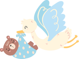 Baby shower bear boy, cute stork bird with baby bear png