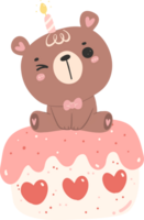 carino compleanno orso con torta asilo ragazzo cartone animato scarabocchio illustrazione. png