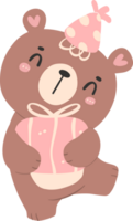linda cumpleaños oso, kawaii osito de peluche con rosado regalo caja animal dibujos animados mano dibujado plano diseño ilustración png