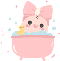 Baby bath, cute newborn baby shower girl in pink bathtub cartoon doodle illustration. png