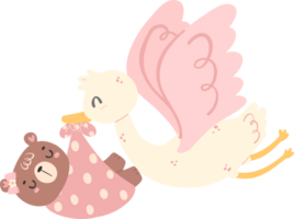 Cute baby shower bear girl, stork bird with pink baby bag png