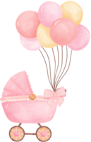 Cute baby shower girl pink pram with balloon png