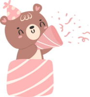 Cute birthday bear, kawaii teddy with pink gift box animal cartoon hand drawn flat design illustration png