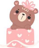 schattig verjaardag beer, kawaii teddy met roze geschenk doos dier tekenfilm hand- getrokken vlak ontwerp illustratie png