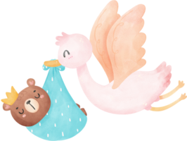 linda bebé ducha oso acuarela, cigüeña pájaro con bebé png