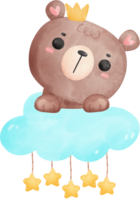 linda bebé ducha oso acuarela, osito de peluche en nube png