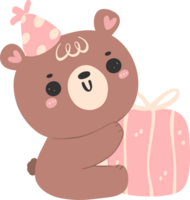 Cute birthday bear, kawaii teddy with pink gift box animal cartoon hand drawn flat design illustration png