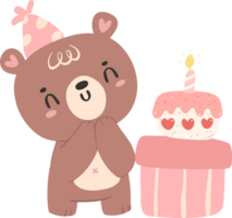 Cute birthday bear with cake nursery kid cartoon doodle illiustration. png