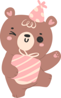 Cute birthday bear, kawaii teddy with pink gift box animal cartoon hand drawn flat design illustration png