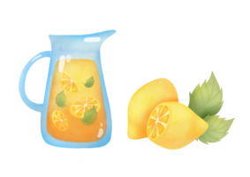 hand drawn Watercolor clipart set of ingredients for citrus lemonade Preparing isolated on transparent background. fresh homemade lemonade in glass jug, juicy lemon, mint leaves in sparkling water png