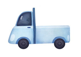 blue cute truck with empty trunk. watercolor illustration of car isolated on transparent background. vehicle for the delivery of large cargo. clipart and cutout hand drawn art png