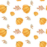 autumn harvest seamless pattern on transparent background. hand drawn Watercolor pumpkins and fall leaves. Thanksgiving and Halloween background. packaging paper design, fabric print, scrapbooking png