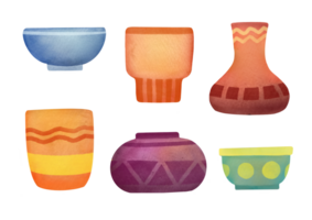 Old pottery set. antique vases, vintage jugs, clay vessels, urns. clipart Crockery designs, ceramic earthenware. cutout watercolor collection isolated on transparent background. front view png