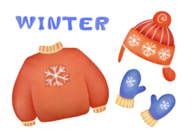 Kids Winter knitted sweater, woolen hat, warm mittens isolated on transparent background. headwear, cold weather children accessories cut out collection. childish garment cute watercolor clipart set png