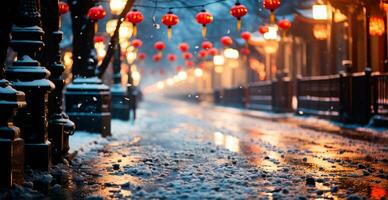 Night snowy Christmas China, New Year holiday, blurred background - AI generated image photo