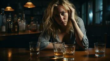 Female alcoholism. Struggle of woman battling alcoholism. Young blonde woman sits in front of pile of glasses of alcohol at bar. Hopelessness, suffering emotions in the eyes. addiction. AI generated photo