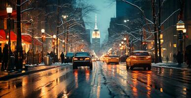 Night snowy Christmas American city New York, New Year holiday, blurred background - AI generated image photo