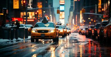 noche Nevado Navidad americano ciudad nuevo york, nuevo año día festivo, borroso antecedentes - ai generado imagen foto