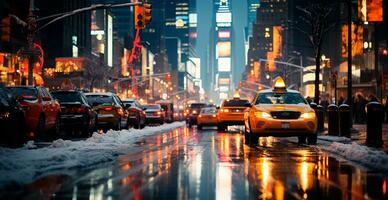 noche Nevado Navidad americano ciudad nuevo york, nuevo año día festivo, borroso antecedentes - ai generado imagen foto