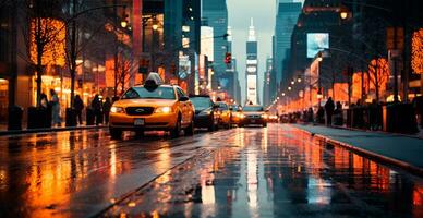 noche Nevado Navidad americano ciudad nuevo york, nuevo año día festivo, borroso antecedentes - ai generado imagen foto