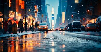 noche Nevado Navidad americano ciudad nuevo york, nuevo año día festivo, borroso antecedentes - ai generado imagen foto